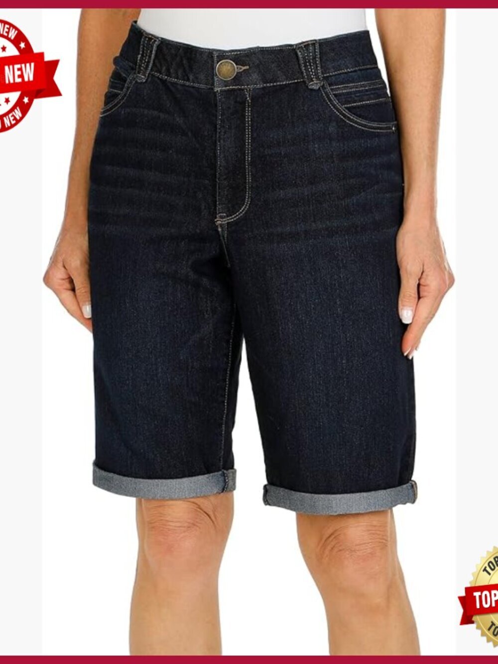Plus Size Mid Rise Bermuda Shorts with Super Stretch Denim 15 Inseam